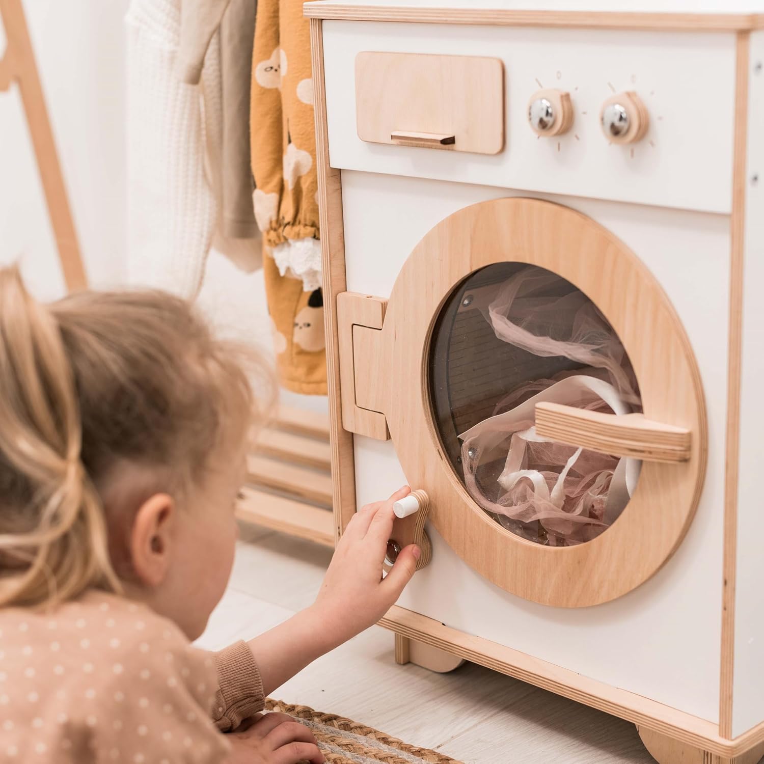 Toy Washing Machine Wooden Play Kitchen - Pretend Play Cleaning Set Washing Machine Toy for Kids - Pretend Play Toys for Toddlers Christmas Gifts for Children (Green)