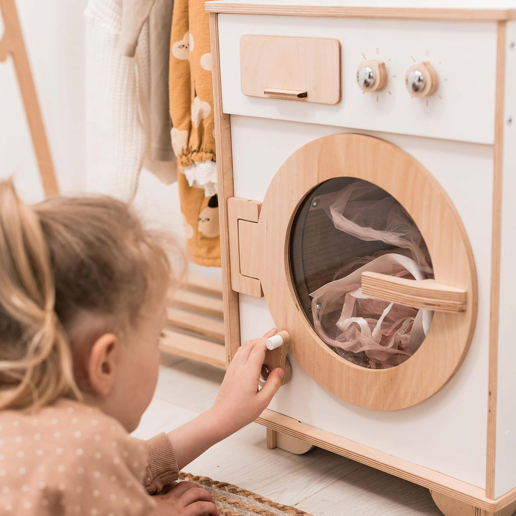 Toy Washing Machine Wooden Play Kitchen - Pretend Play Cleaning Set Washing Machine Toy for Kids - Pretend Play Toys for Toddlers Christmas Gifts for Children (Dark Walnut)