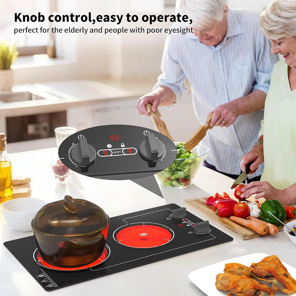 GIHETKUT Electric Cooktop,110V 2100W Stove top,9 Power Levels, Kids Lock & Timer, Hot Surface Indicator, Overheat Protection,knob and touch control 2 burner Electric cooktop