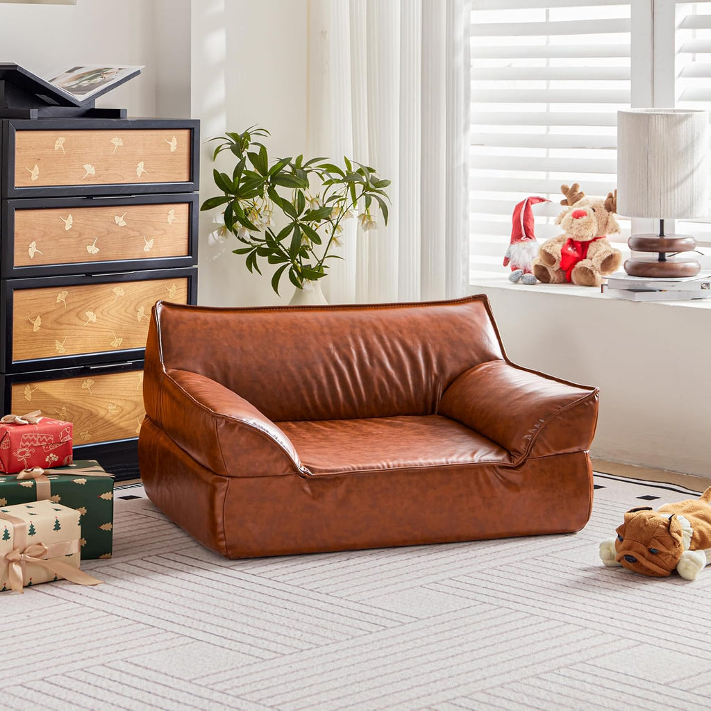 Leather Dog Bed Couch for Small and Medium Dogs Under 50 lbs, Brown Mid Century Modern Elevated Cat Sofa Chair Luxurious Indoor Furniture Style Pet Supplies for Puppy