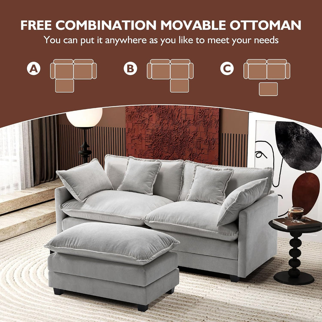 Ihanherry 77' L Shaped Modern Sofa Modular Sectional Cloud Couch with Ottoman, 3-Seat Chenille Deep Seat Sofa with Pillow for Living Room, Bedroom and Apartment, Grey