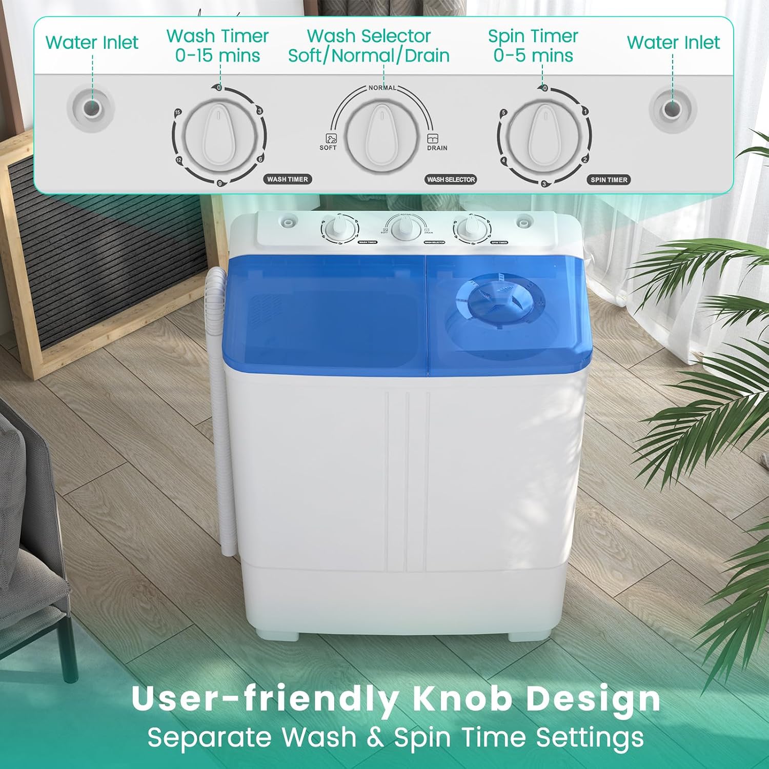 Auertech 20 Lbs Portable Washing Machine, Portable Washer for Apartment with 12 Lbs Washer, 8 Lbs Spinner, Mini Compact Top Load Washing Machine for RV Dorm