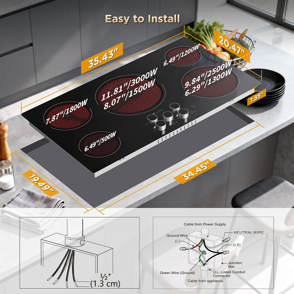 36 Inch Electric Cooktop 5 Burners, Electric Stove Top with Knob Control, Built-in Ceramic Stove, Fast Heat, 9 Heating Level, 9000W with Hard Wire for 220V~240V