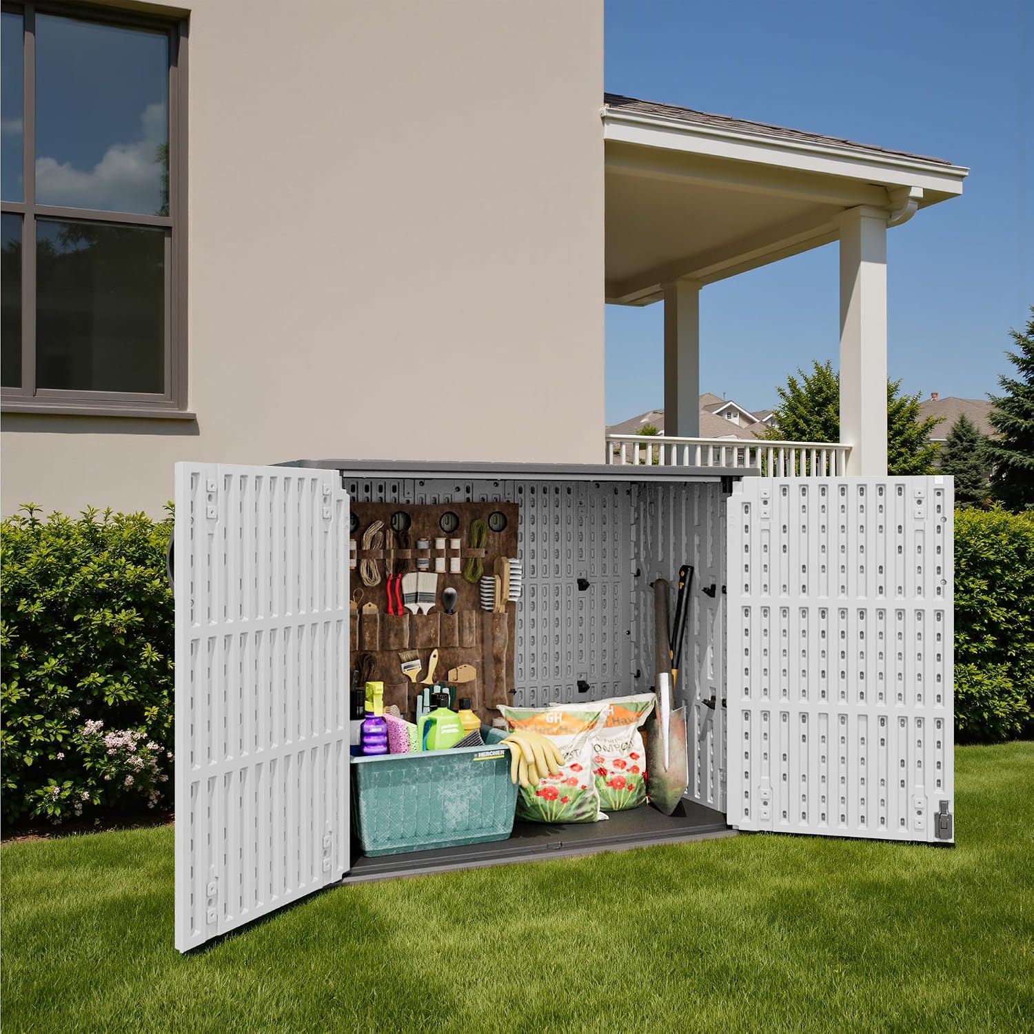 Patiowell 25 Cu.ft Outdoor Storage Cabinet with Lockable Door, Waterproof Horizontal Storage Shed for Tools and Patio Furniture, All-Weather Plastic Shed Easy Assemble for Pool or Backyards, White