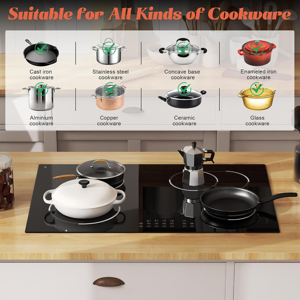 4 Burner Electric Cooktop, Built-in 30 Inch Electric Stove Top 6600W, Ceramic Stove Top with Expanded Zone, Touch Control, Child Lock, Timer, Pause Control, 220V - 240V Hard Wire, No Plug