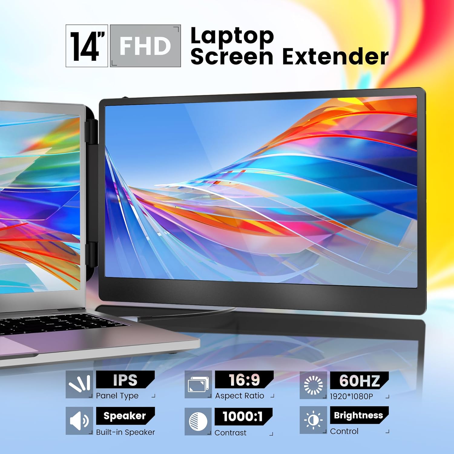 domyfan 14' Laptop Monitor Extender, FHD 1080P IPS Dual Laptop Screen Extender, HDMI/USB-A/Type-C Plug and Play for Windows, Mac, Chrome, Android, Xbox, Switch, PS5, Work with 13.3'-17' Laptops