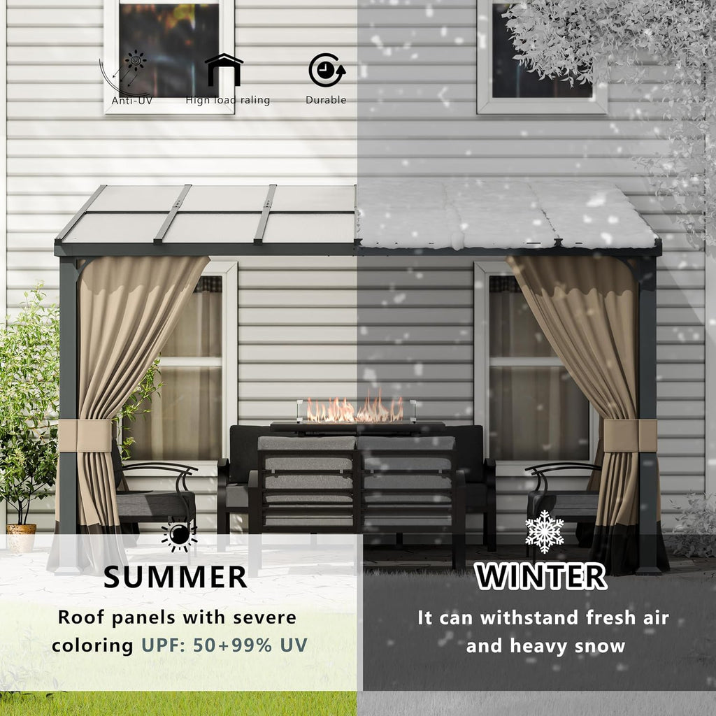 10x12FT Gazebo, Hardtop Wall Mounted Gazebo with Sloping Sun Panel Roof, Awnings for Patio with Metal Frame, Double Curtains for Garden, Lawn, Backyard Deck, Sand