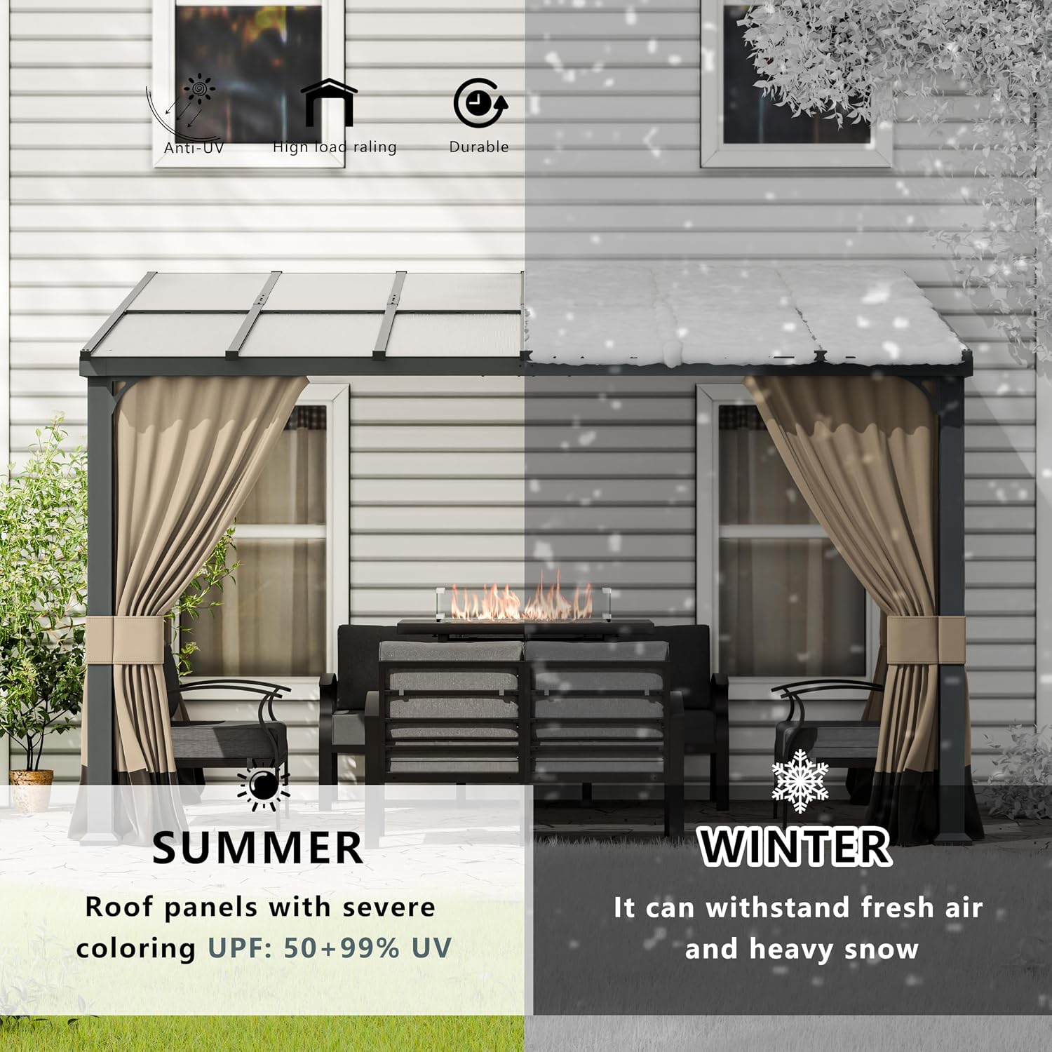 10x12FT Gazebo, Hardtop Wall Mounted Gazebo with Sloping Sun Panel Roof, Awnings for Patio with Metal Frame, Double Curtains for Garden, Lawn, Backyard Deck, Sand