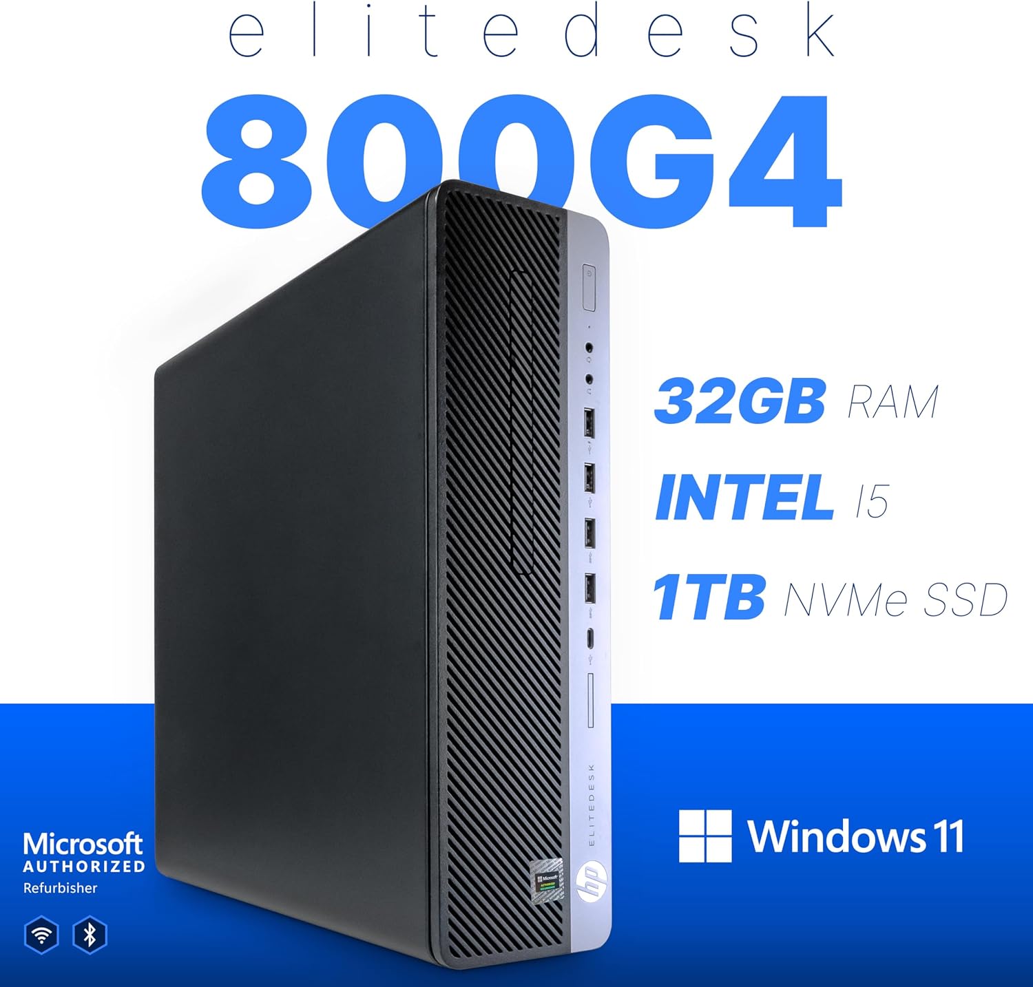 HP EliteDesk 800 G4 PC Computer, Intel i5-8500, Crucial 32GB DDR4 RAM, 1TB NVMe M.2, Windows 11 Pro, Internal WiFi 6 AX200, Cherry Keyboard & Mouse, Dual 24' LCD (Renewed) (800G4 + Dual 24' LCD Setup)