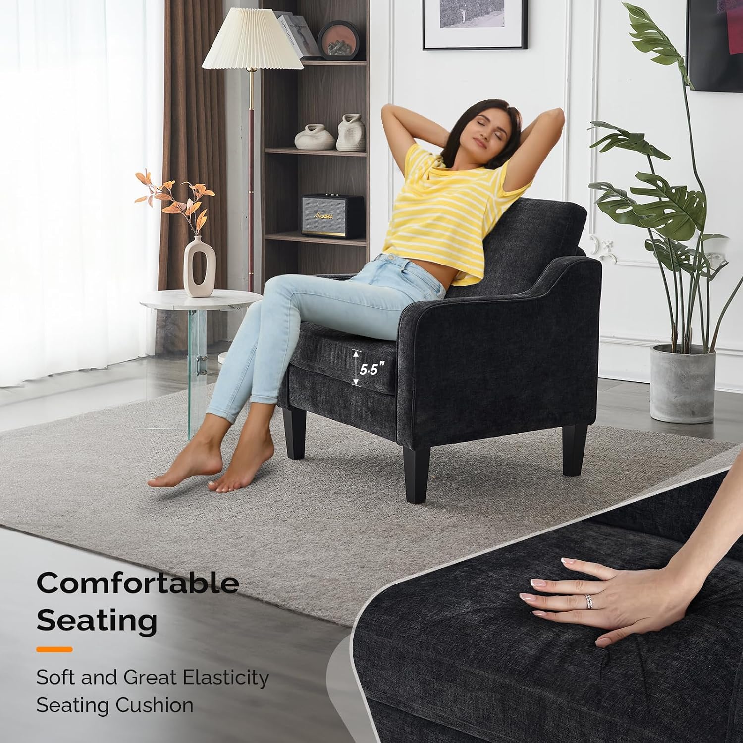 VINGLI Mid-Century Modern Accent Chair, Black Chenille, 30' (W) x 30.7' (D) x 33' (H), 1 Seat, 380 lbs Weight Capacity