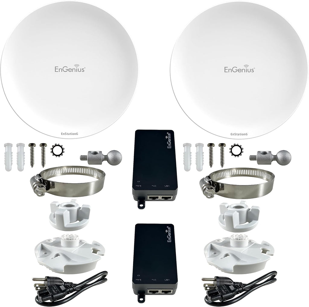EnGenius Wi-Fi 6 (802.11ax) 5GHz 1,200 Mbps, 2x2 Outdoor Wireless Bridge, 26 dBm, high gain 19 dBi Directional Antenna, IP-55 housing, up to 6 Miles Point-to-Point [EnStation6 KIT]