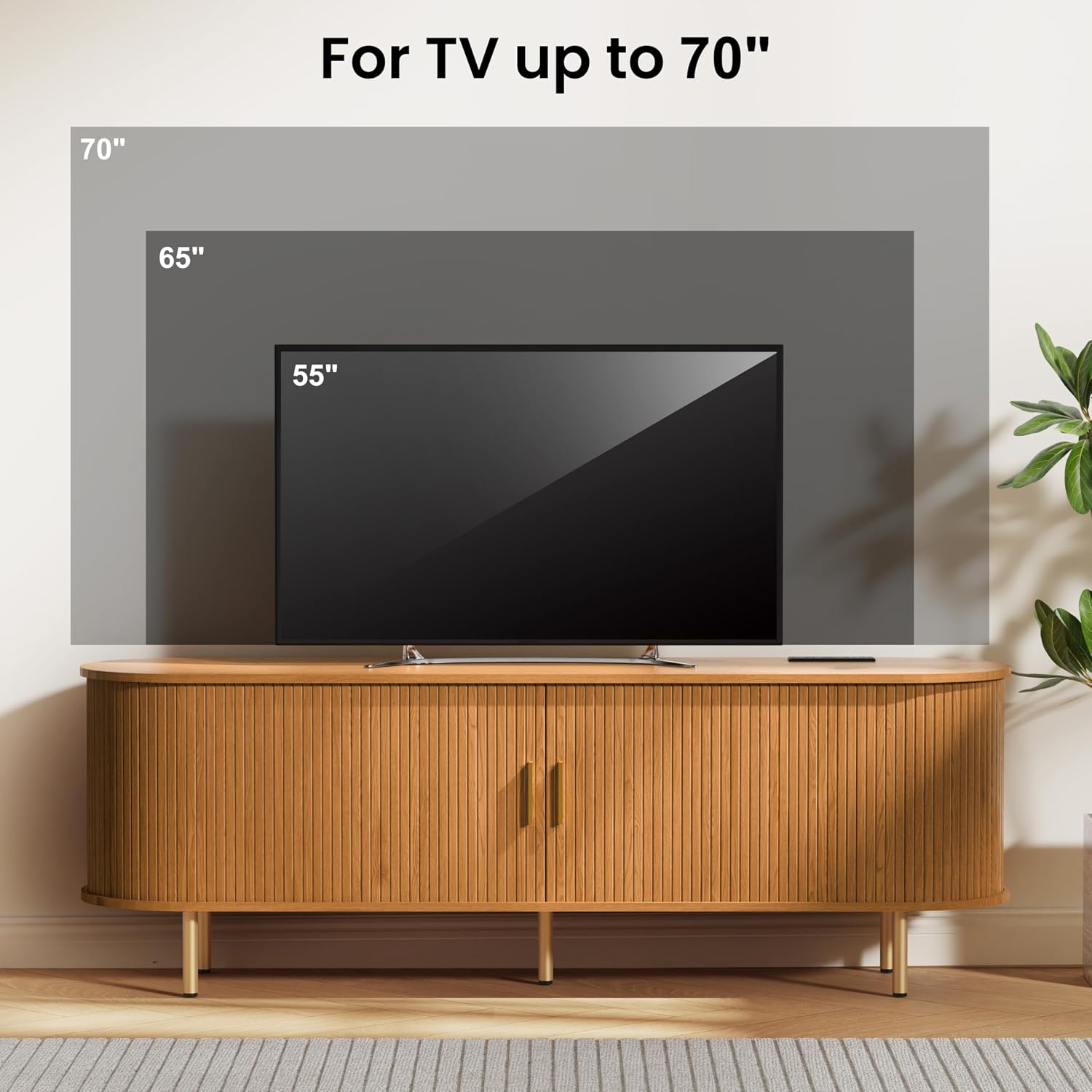 DHH 63 Inch Mid Century Modern TV Stand with Power Outlet for TVs up to 70 Inch, Entertainment Center with Storage and Adjustable Shelves, Media Console with Sliding Doors for Living Room(Yellow)