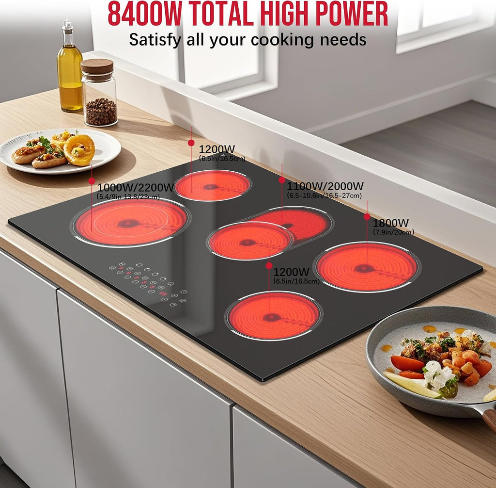 30 Inch Electric Cooktop, Built-in 5 Burner Electric Stovetop 8400W, 30' Glass Ceramic Cook Top with Expanded Zone, Child Safety Lock, Timer, Pause Control, 220V - 240V Hard Wire, No Plug