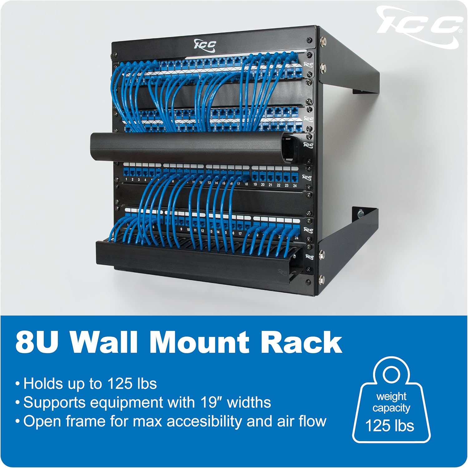 ICC 8U Wall Mount 19″ Open Frame Server Rack – 18″ Deep Cold-Rolled Steel, 125 lb Load Capacity – Network Rack for Patch Panels, Switches, AV, IT & Telecom Equipment Installations