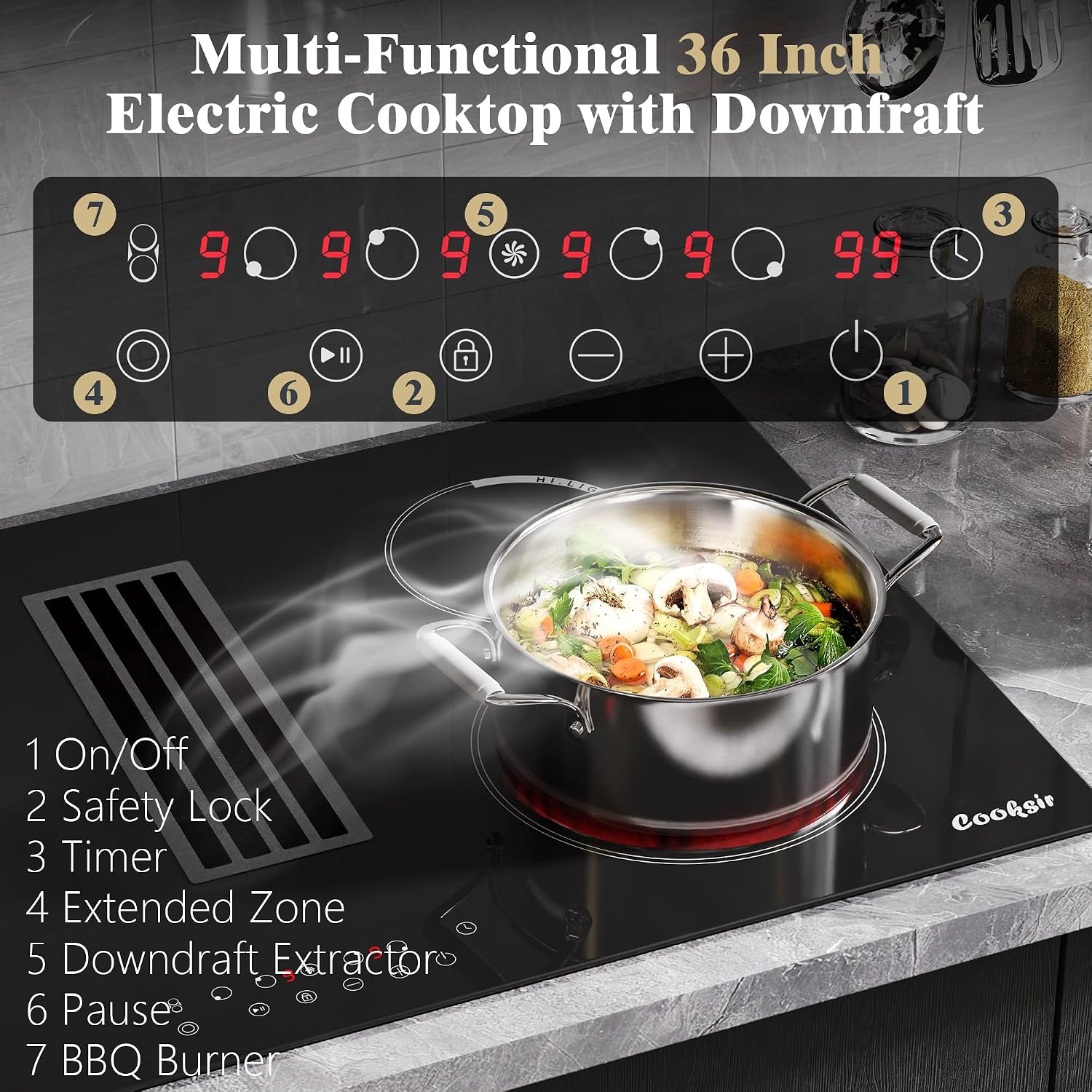 36 Inch Electric Cooktop with Downdraft - 4 Burner Built-in Electric Stove 7400W, 36 Inches Ductless Recirculating Downdraft, Timer, Safety Lock, BBQ Bridge Burner, Recirculating Air Vent
