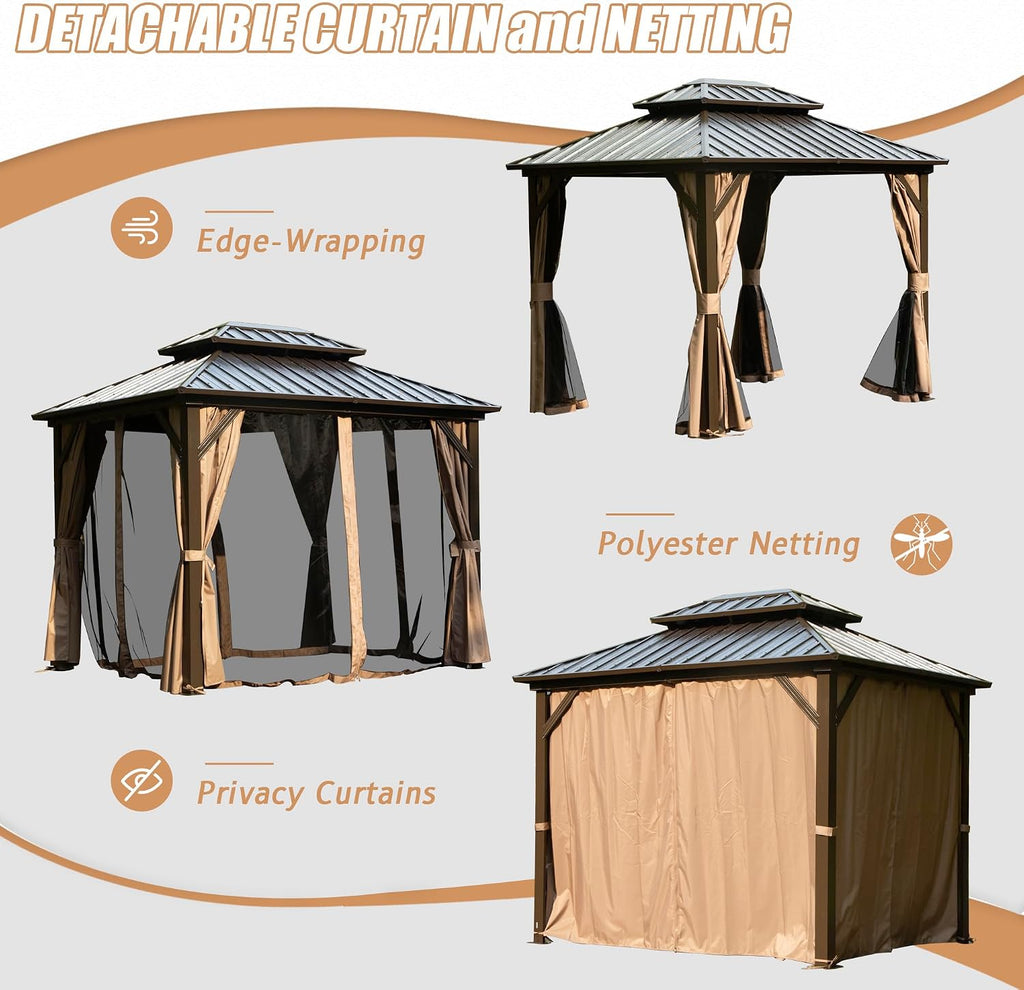 Domi 8' x 10' Hardtop Gazebo, Outdoor Metal Gazebo for Patios with Galvanized Steel Double Roof, Heavy Duty Curtains and Netting Included, Permanent Pergola for Backyard, Garden Lawn, Brown