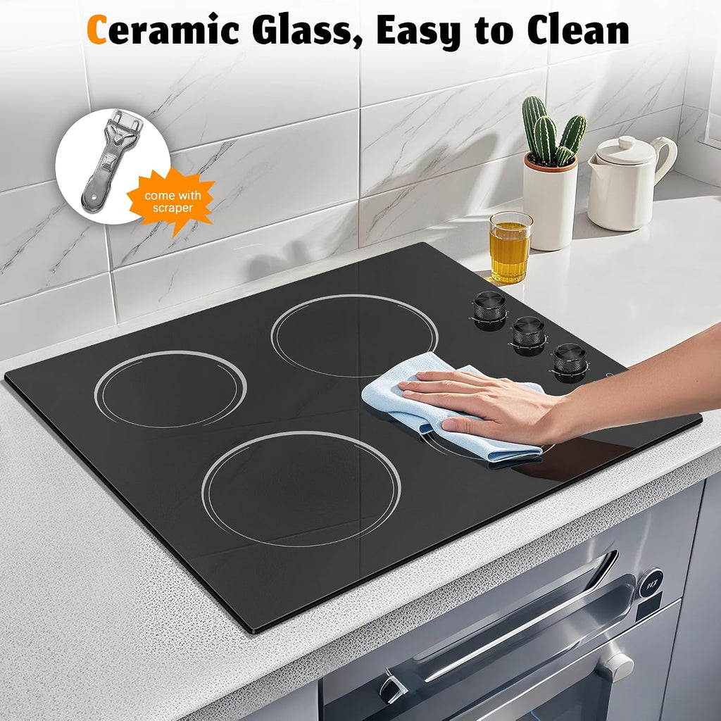 4 Burners Electric Stove Top with Knob Control,24 Inch,6000W Built-in Radiant Electric Cooktop, 9 Power Levels, Hot Warning, 220V Hard Wire(No Plug)