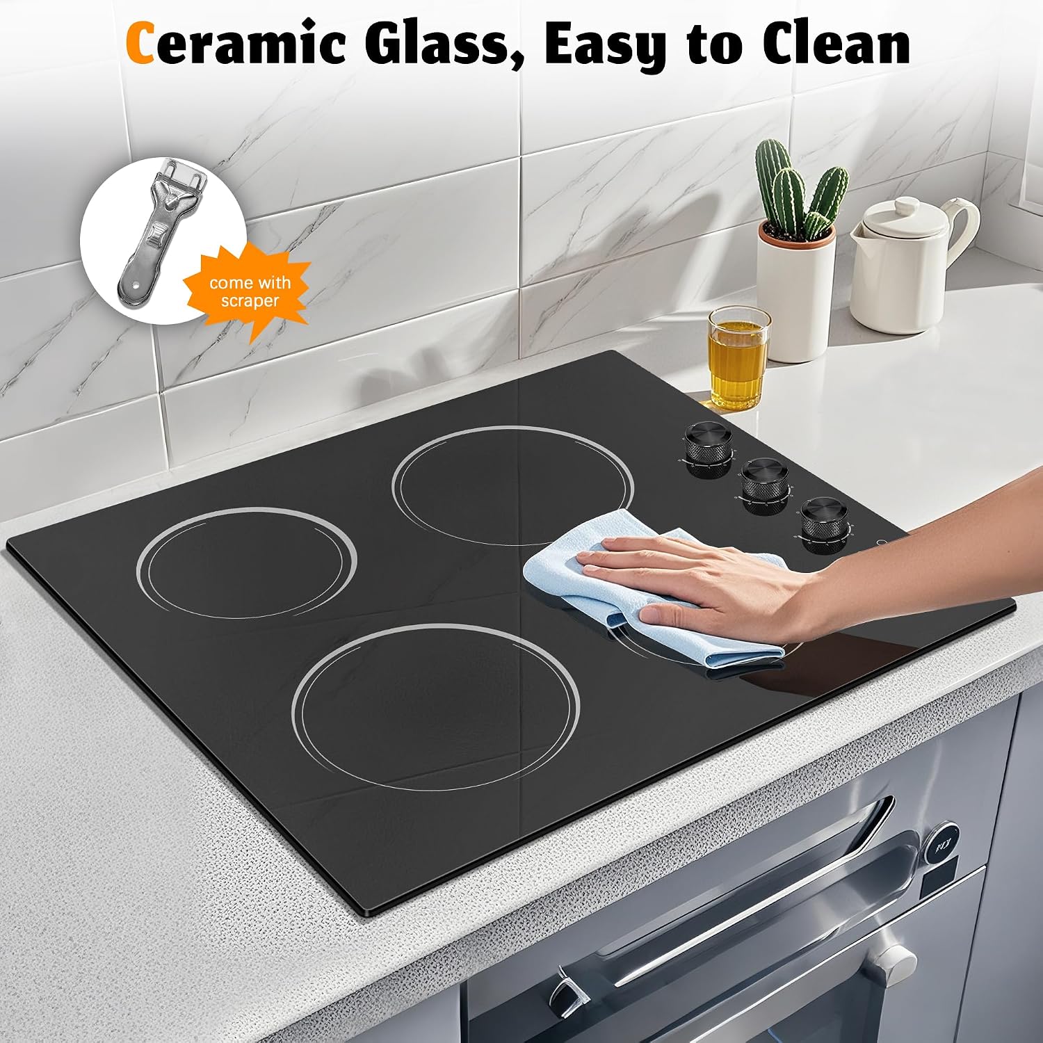 4 Burners Electric Stove Top with Knob Control,24 Inch,6000W Built-in Radiant Electric Cooktop, 9 Power Levels, Hot Warning, 220V Hard Wire(No Plug)