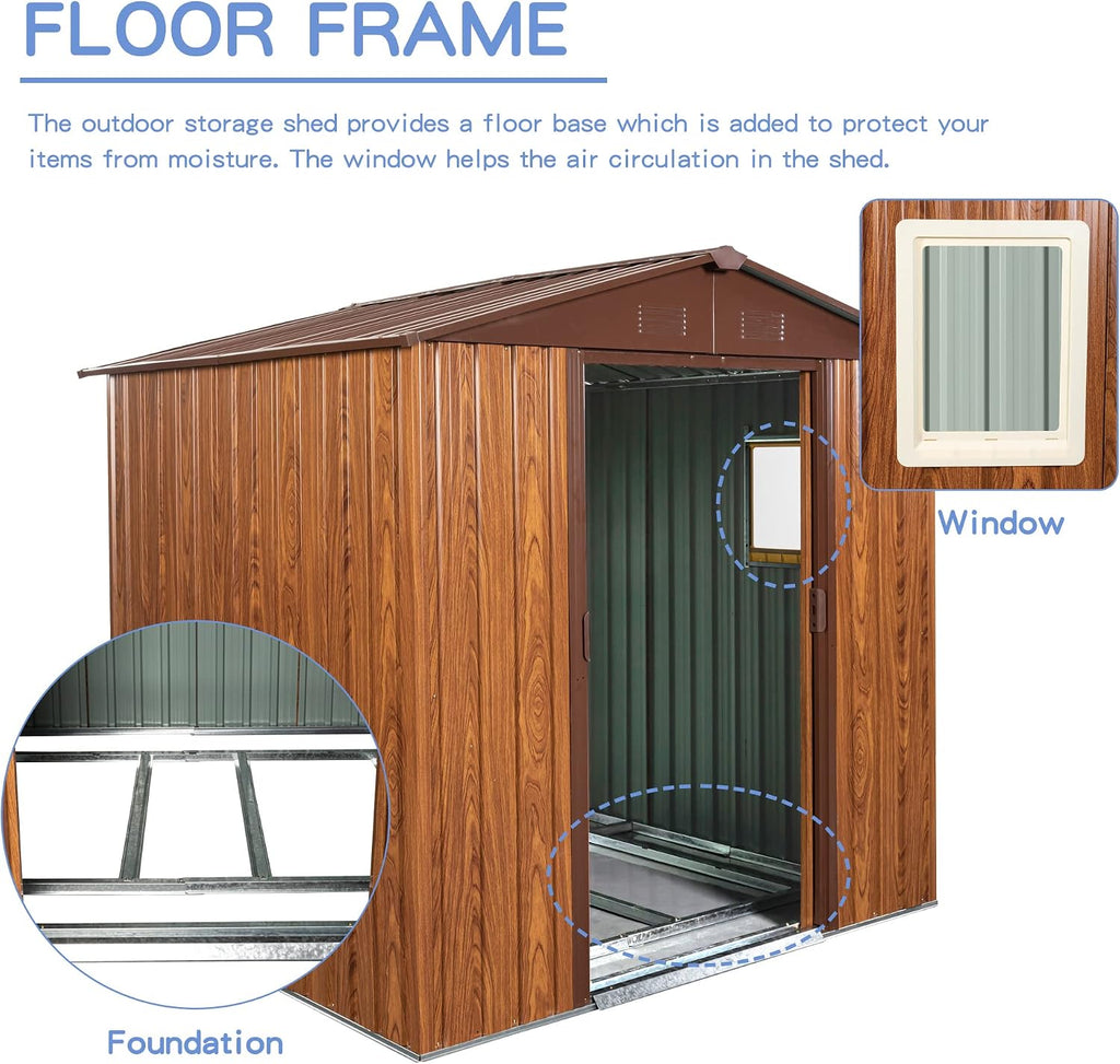 YOPTO 6×6 FT Outdoor Metal Storage Shed with Floor Base and Window,Heavy Duty Storage House Shed W/Integrated Punched Vents,Sliding Doors&Padlock,Rust Waterproof Tool Sheds for Garden,Backyard,Coffee