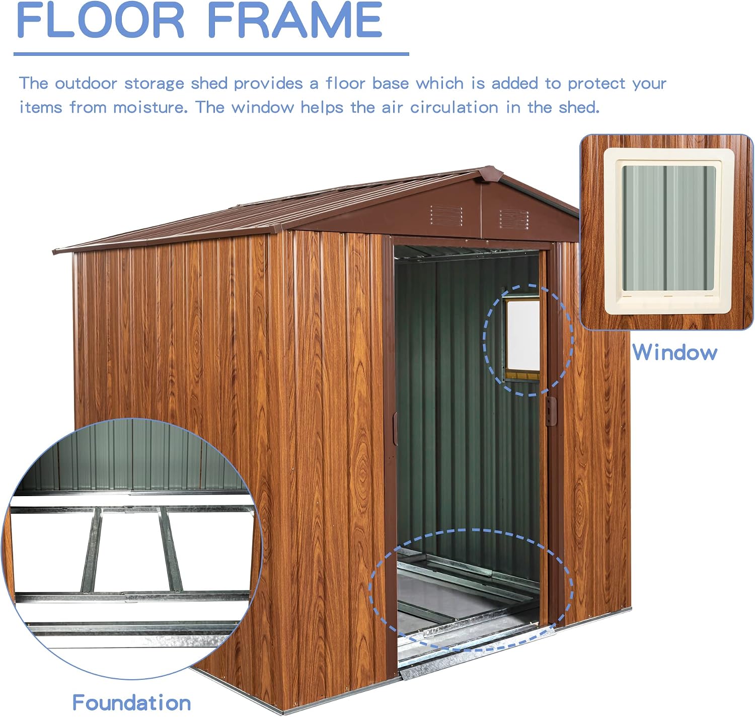 YOPTO 6×6 FT Outdoor Metal Storage Shed with Floor Base and Window,Heavy Duty Storage House Shed W/Integrated Punched Vents,Sliding Doors&Padlock,Rust Waterproof Tool Sheds for Garden,Backyard,Coffee