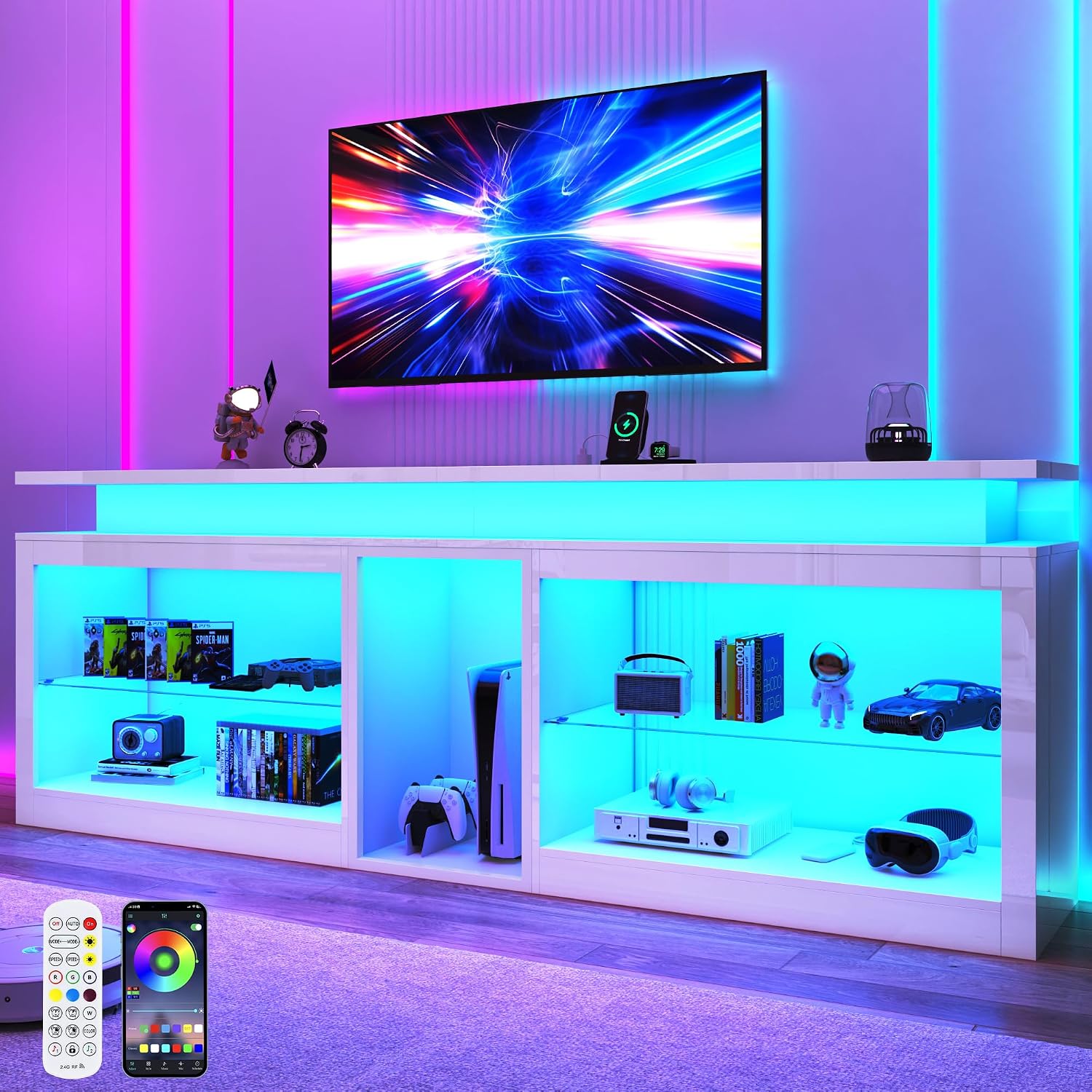 80' LED TV Stand with Power Outlet,60-Colors LED Lights For 80 85 90in TV,High Gloss Gaming Entertainment Center w/Adjustable Shelves,White TV Console with Modern Design for Living Room Bedroom