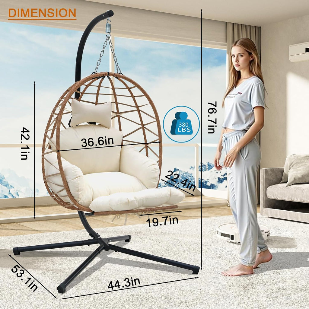 Outdoor Egg Chair with Sturdy Tripod Hammock Leg Rest and Hanging Lounge Chair Swinging Rattan Wicker Swing for Cozy Bedroom Balcony Garden Patio Porch Indoor Use