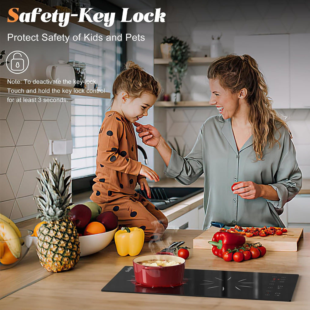 2 Burner Electric Cooktop - 2000W 12 Inch Electric Stove Top Built-in & Countertop, 110V Portable Two Burner Electrical Cook Top with Safety Lock, 180-Min Timer, Touch Control, 110V Plug in