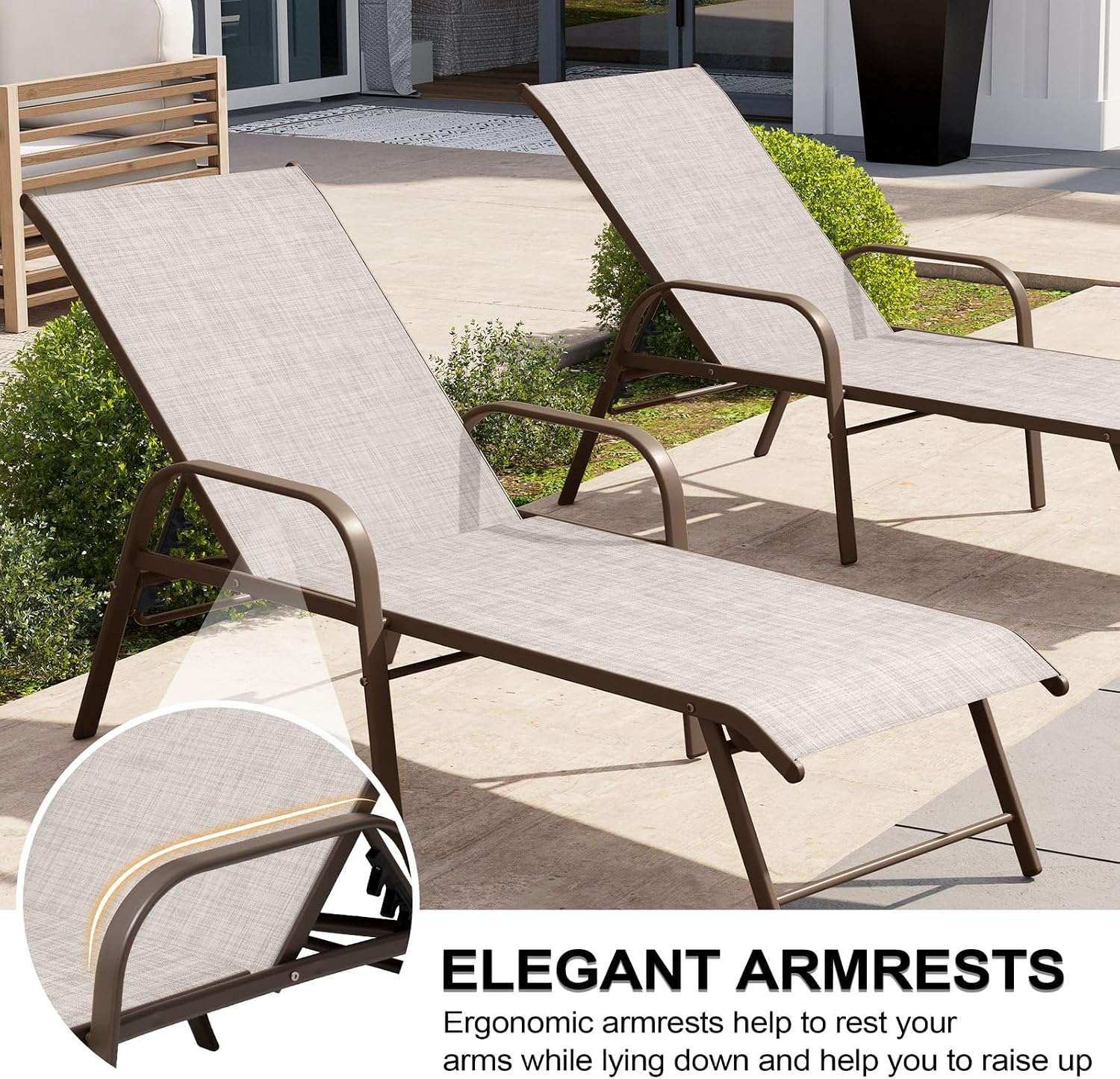 Crestlive Products Chaise Lounge Chair Outdoor with Armrests, Pool Lounge Chairs Set of 4, Aluminum Adjustable 5 Positions Sun Tanning Lounger for Patio, Poolside, Yard, Deck, Backyard (Beige)