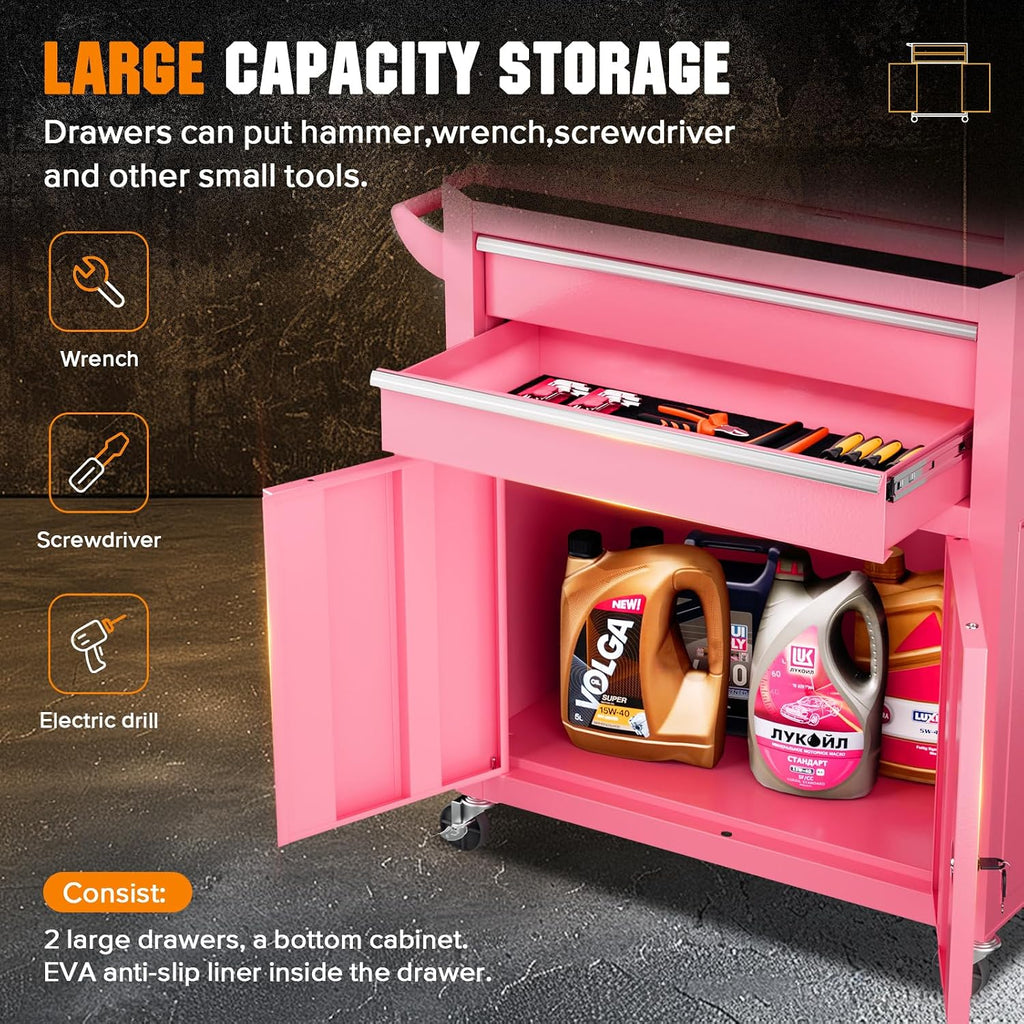 8-Drawer Rolling Tool Chest - Heavy-Duty Steel Tool Cabinet with Detachable Top Box, Locking Wheels & Security System for Garage/Workshop, 2-in-1 Design (Pink)