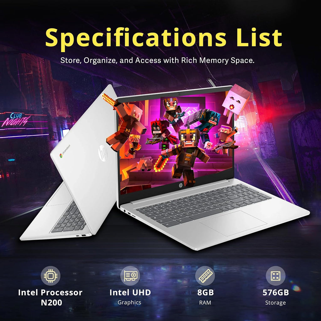 HP 15.6' HD Anti-Glare Chromebook Laptop, Intel Pentium N200, 8GB LPDDR5, 576GB Storage (64GB eMMC+512GB Docking Station Set), Intel UHD Graphics, Num Pad, 720p Camera, Wi-Fi 6, Chrome OS, Silver