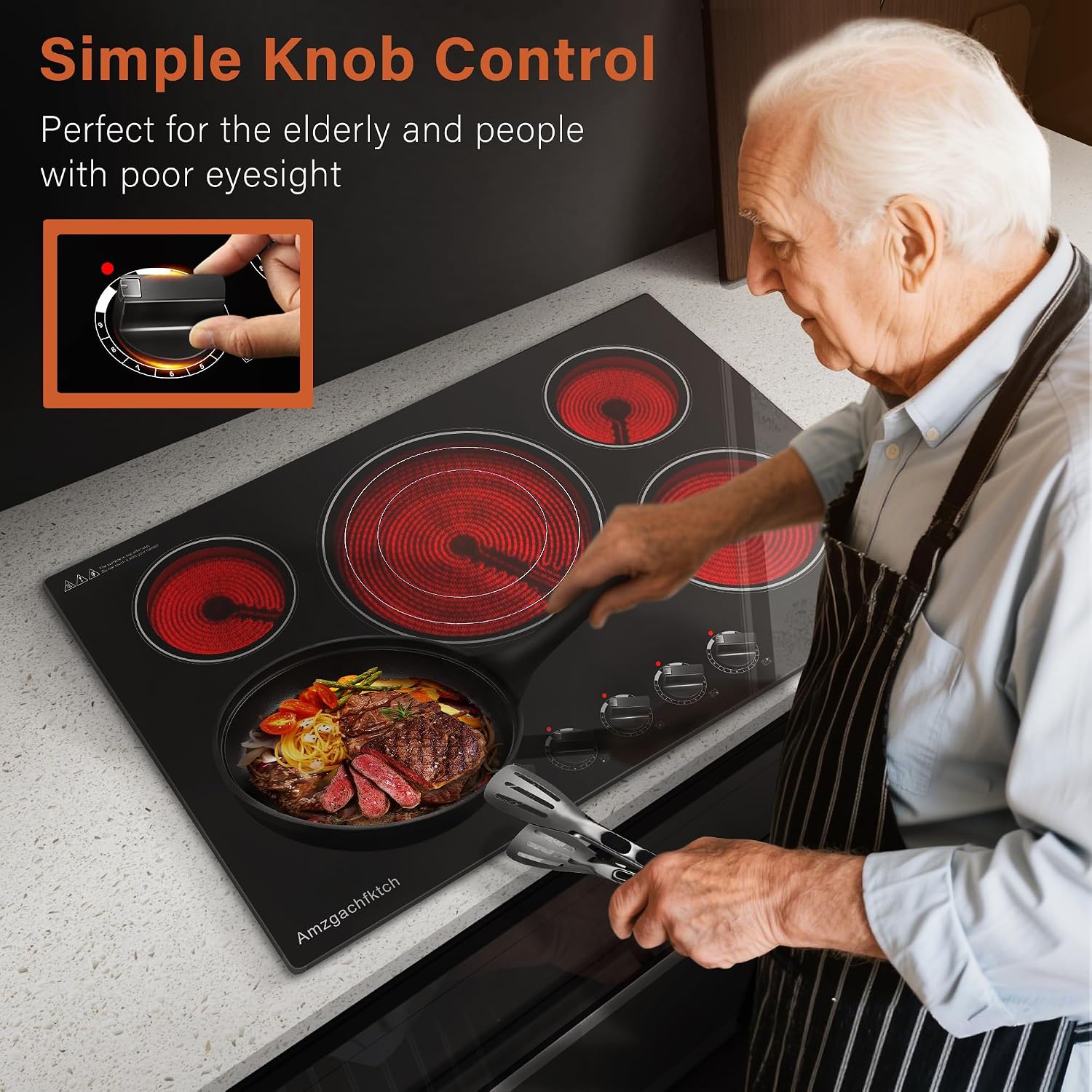 30 Inch Built-in Electric Cooktop with Expandable Triple Ring Burners, 5 Burner 9000W Ceramic Stove Top - Easy Knob Controls & Residual Heat Indicator (220-240V Hardwired)