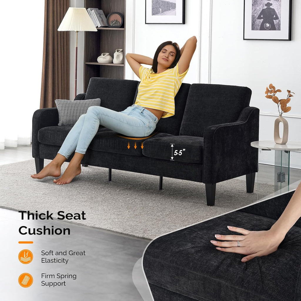 VINGLI Black Couches for Living Room, 71' Small Couch Comfy 3 Seater Upholstered Chenille Sofa Mid-Century Modern Floor Sofas for Small Spaces, Bedroom, Apartment, Lounge, Office