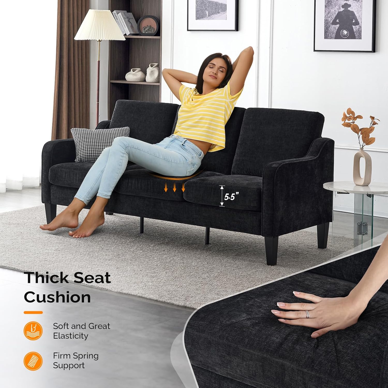 VINGLI Black Couches for Living Room, 71' Small Couch Comfy 3 Seater Upholstered Chenille Sofa Mid-Century Modern Floor Sofas for Small Spaces, Bedroom, Apartment, Lounge, Office