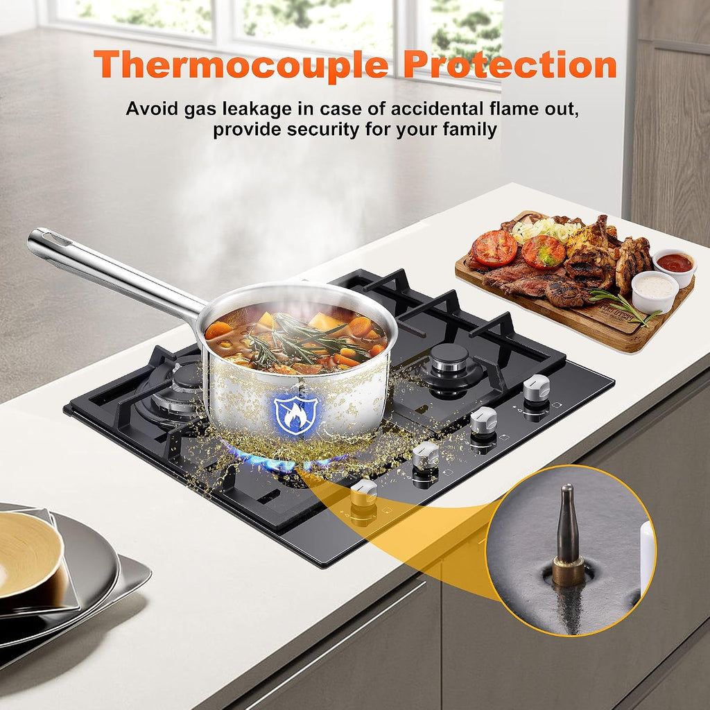 Gas Stove Top 24 Inch, Amzgachfktch Built-in Gas Cooktop 4 Burner, Black Tempered Glass Stove with NG/LPG Conversion Kit, Kitchen Propane Cooktop with Thermocouple Protection