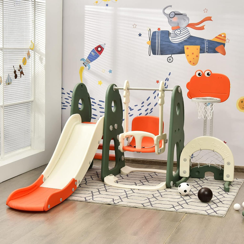 Costzon 6 in 1 Toddler Slide and Swing Set, Kids Large Climber Slide Playset with Basketball Hoop, Football Gate and Golf Hole, Playground Swing Set for Indoor Outdoor Backyard 2-12 Gifts Presents