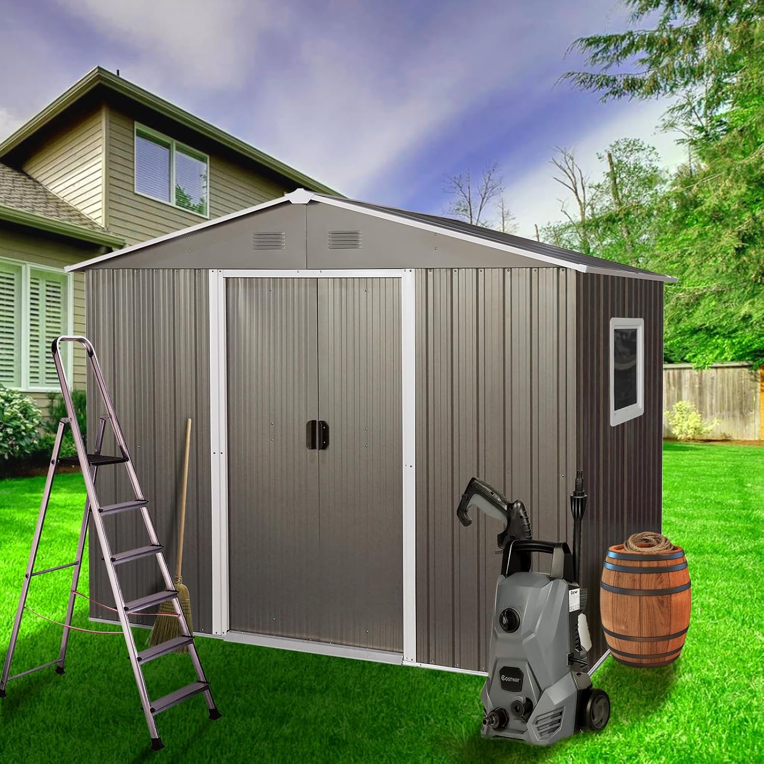 8 x 6 FT Outdoor Storage Shed, Metal Garden Shed with Floor Frame, Tool Shed Outdoor Storage with Lockable Sliding Doors & Window & Air Vents, Storage House Waterproof for Backyard, Lawn, Gray