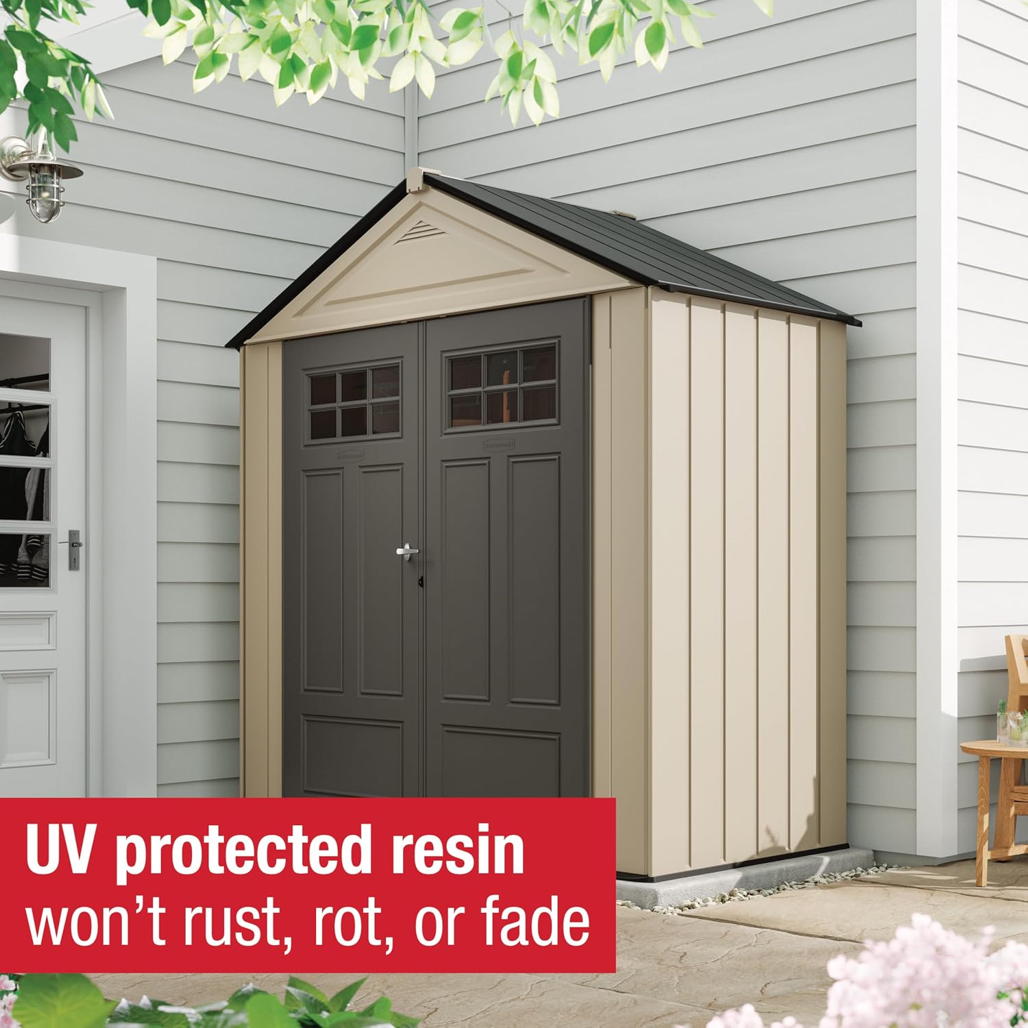Rubbermaid Resin Outdoor Storage Shed With Floor (7 x 3.5 Ft) Weather Resistant, Brown Gable, Organization for Home/Backyard/Garden Tools/Lawn Mower/Bike Storage/Pool Supplies