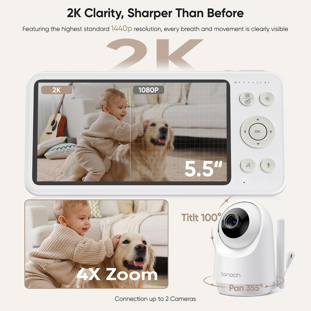 bonoch 2K 5.5' Baby Monitor No WiFi, 1600ft Long Range Video Baby Monitor with Camera and Audio, 240h Battery, White Noise, Hack-Proof, Night Vision, Smart Detect for Cry/Sleep Turnover/Motion