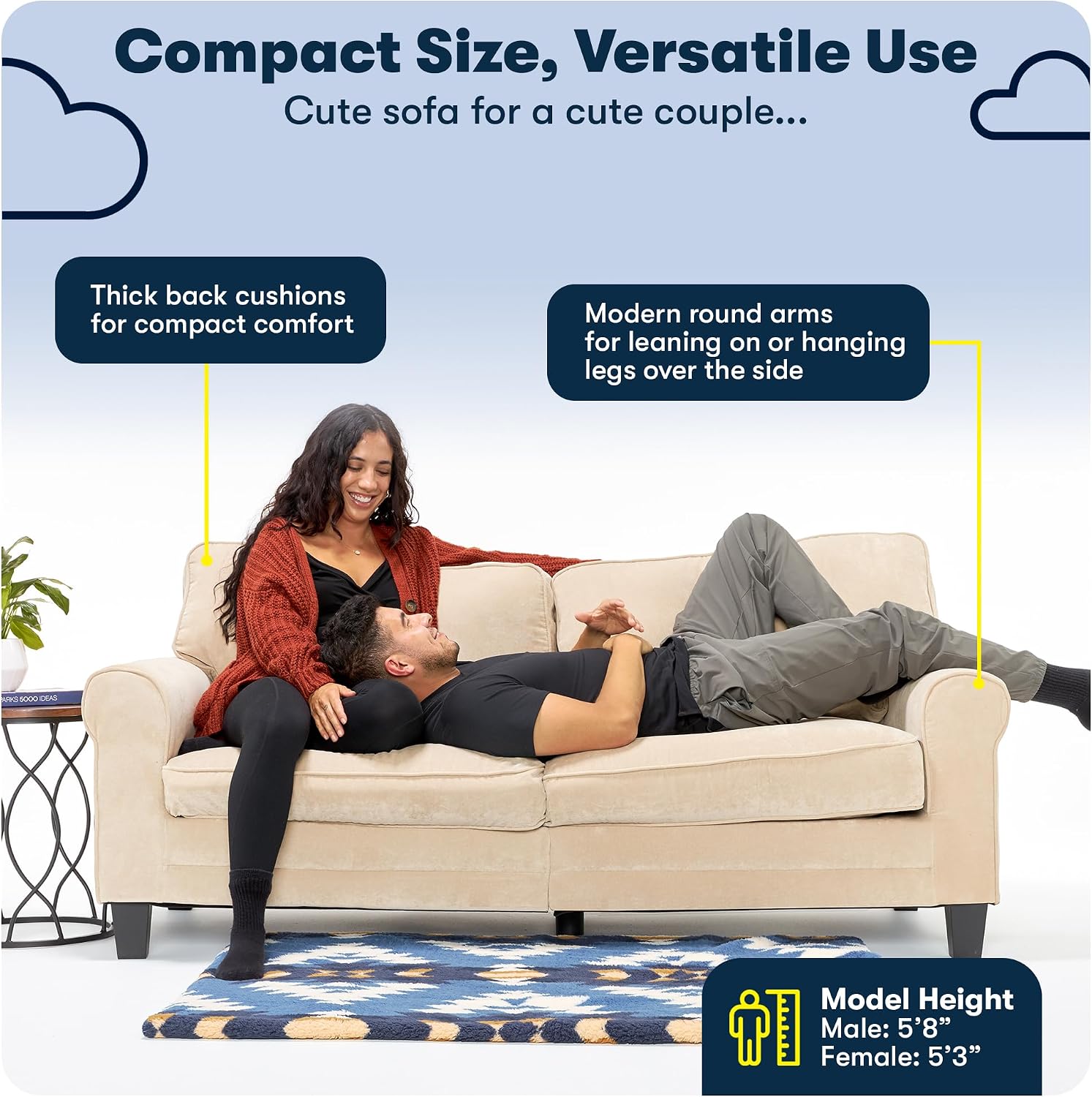 Serta Copenhagen 73' Rolled Arm Sofa, Easy Care Polyester, Soft Pillow Back, Pocket Coil Seat Cushions, Removable Covers, Loveseat or Couch for Small Spaces, Living Rooms or Bedrooms, Cream White