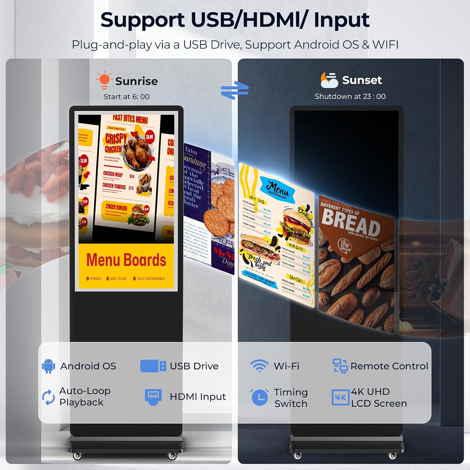 32/43/55/65 Inch Digital Signage Display, LCD Screen Advertising Display Kiosk Interactive Totem Floor Standing Auto AD Player with USB/HDMI/WiFi Android OS (55'' Non-Touch)