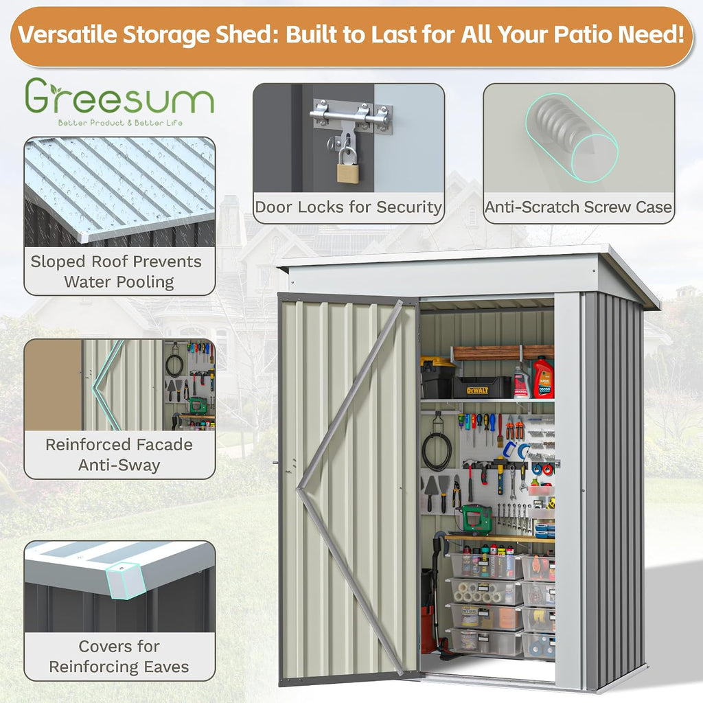 Greesum 5×3 FT Outdoor Storage Shed, Metal Storaged Sheds Without Floor, Tool Sheds with Lockable Doors and Slooping Roof for Garden, Patio, Backyard, Gray