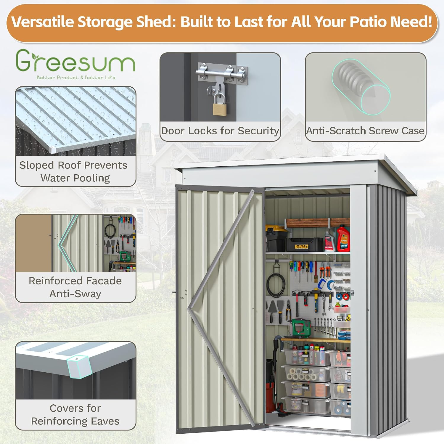 Greesum 5×3 FT Outdoor Storage Shed, Metal Storaged Sheds Without Floor, Tool Sheds with Lockable Doors and Slooping Roof for Garden, Patio, Backyard, Gray