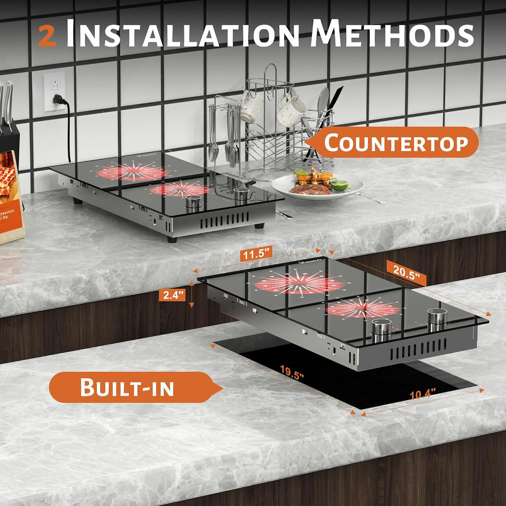 2 Burner Electric Cooktop - 12 Inch Electric Stove Built-in & Countertop, 120V Portable Two Burners Electrical Stovetop with Knob Control, Over Heat Protection, 9 Power Level, 110V Plug in