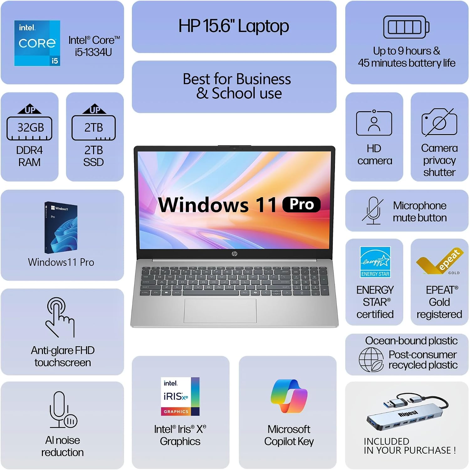 HP 15.6' FHD Touch Laptop,10 Core Intel i5 13th, 16GB RAM, 1TB SSD, Windows 11 Pro, Wi-Fi 6, Flagship Business Laptop Bundle with Docking Station – Natural Silver