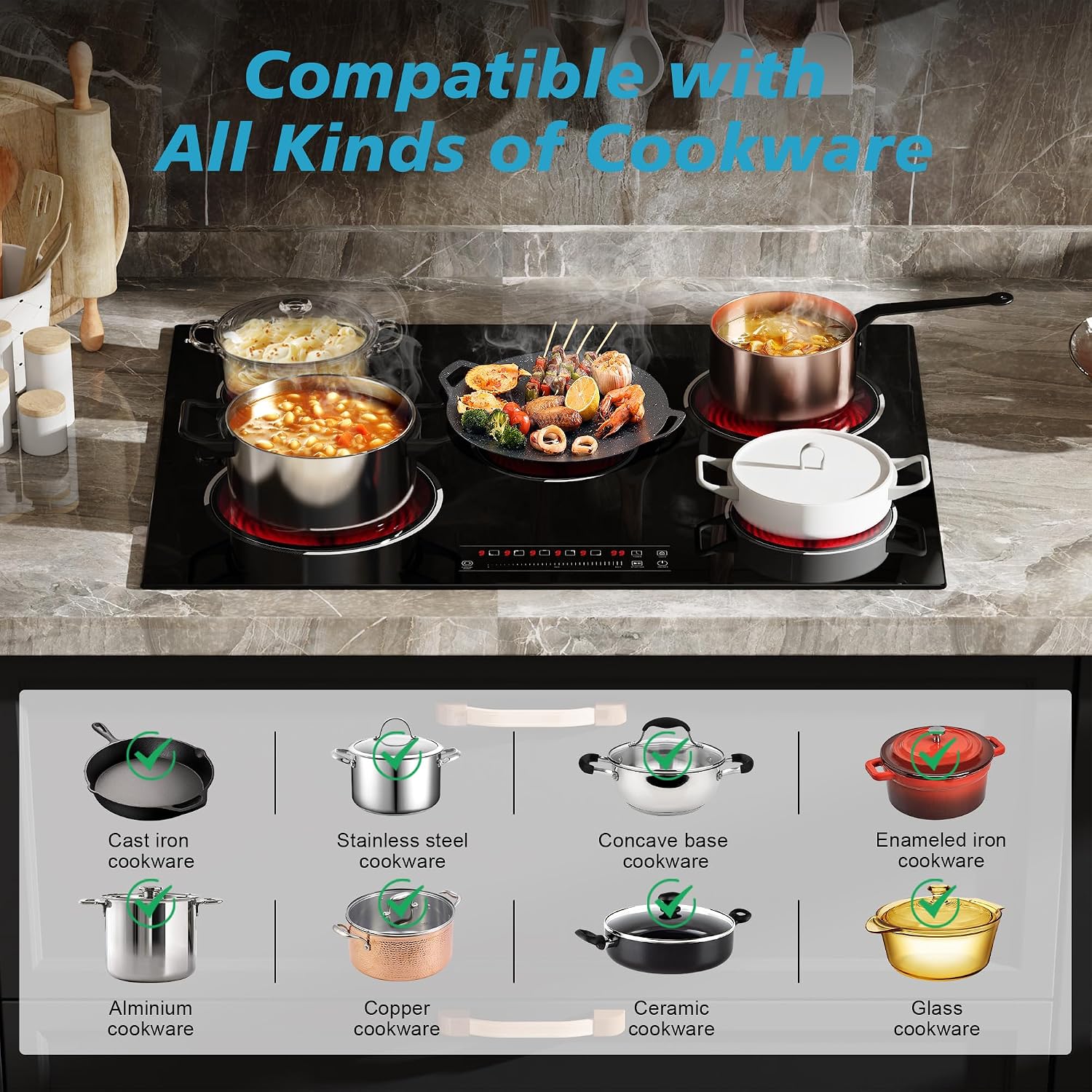 5 Burner Electric Cooktop, 30 Inch 8400W Built-in Electric Stovetop, Glass Ceramic Cooktop with Expanded Zone, Slide Touch Control, Child Lock, Timer, Pause, 220V - 240V Hard Wire, No Plug