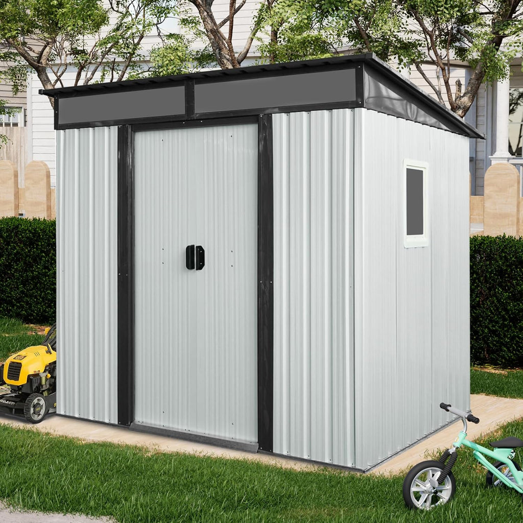 6X5 FT Outdoor Storage Shed, Waterproof Metal Garden Sheds with Lockable Door, Steel Tool Storage Buildings Shed & Outdoor Storage House for Garden, Backyard, Patio, Lawn, Trash Cans(White + Black)