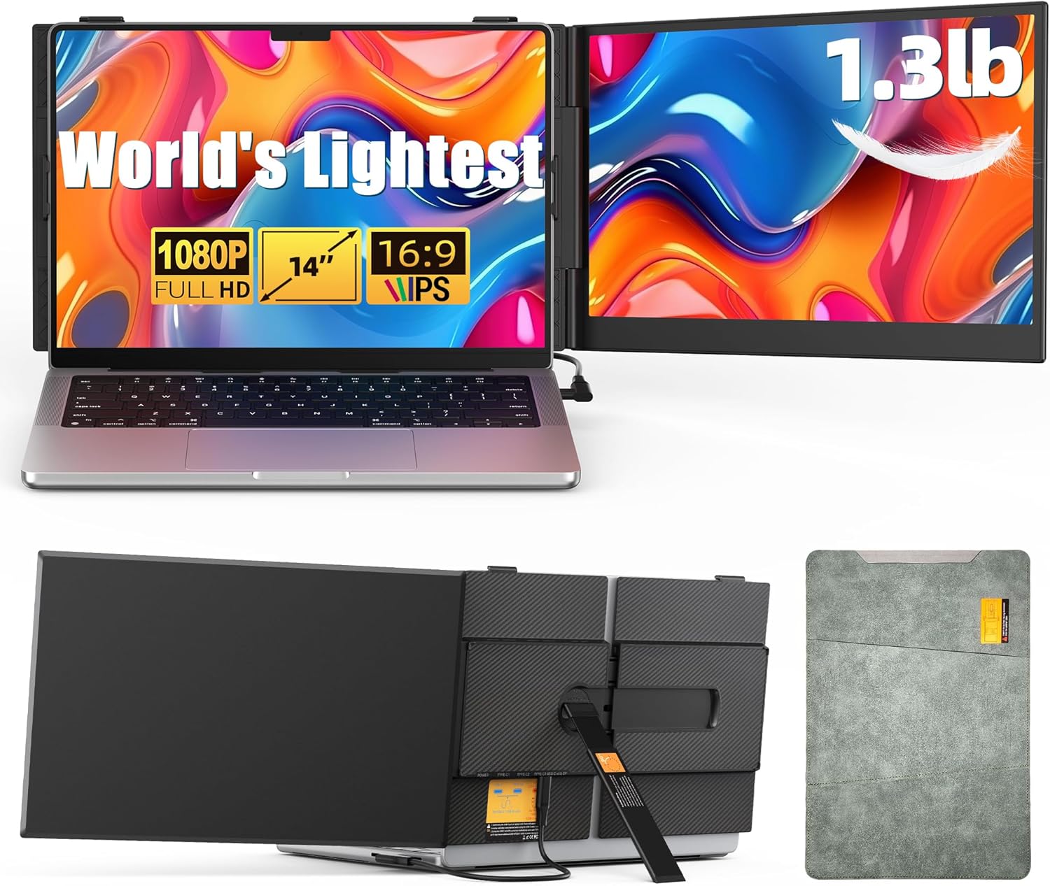 14' Dual Laptop Screen Extender with 1.3lbs - Ultra Thin Portable Monitor for Laptop Plug & Play, FHD 1080P Laptops Extended Monitor for 13'-17' Laptops, USB-C/HDMI Travel Display for Mac/Win