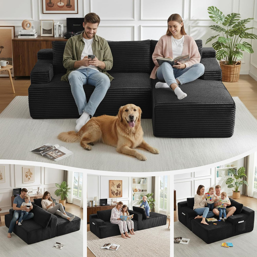 Modular Sectional Sofa Couches, 96' L-Shaped Cloud Boneless Couch with Right Chaise Lounge & Side Pockets for Living Room | No Assembly Required | Corduroy Fabric, Black