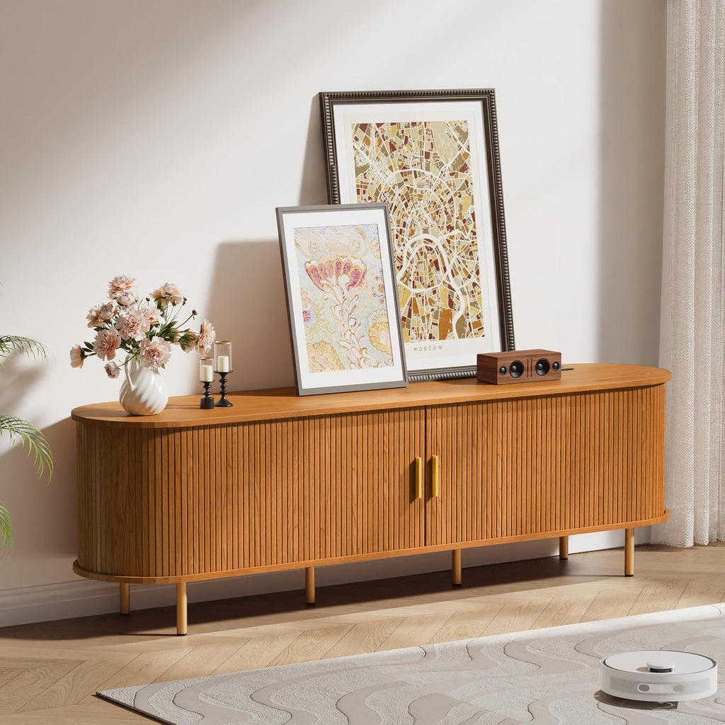 DHH 70.8 Inch Mid Century Modern TV Stand with Power Outlet for TVs up to 80 Inch, Entertainment Center with Storage and Adjustable Shelves, Media Console with Sliding Doors for Living Room(Yellow)
