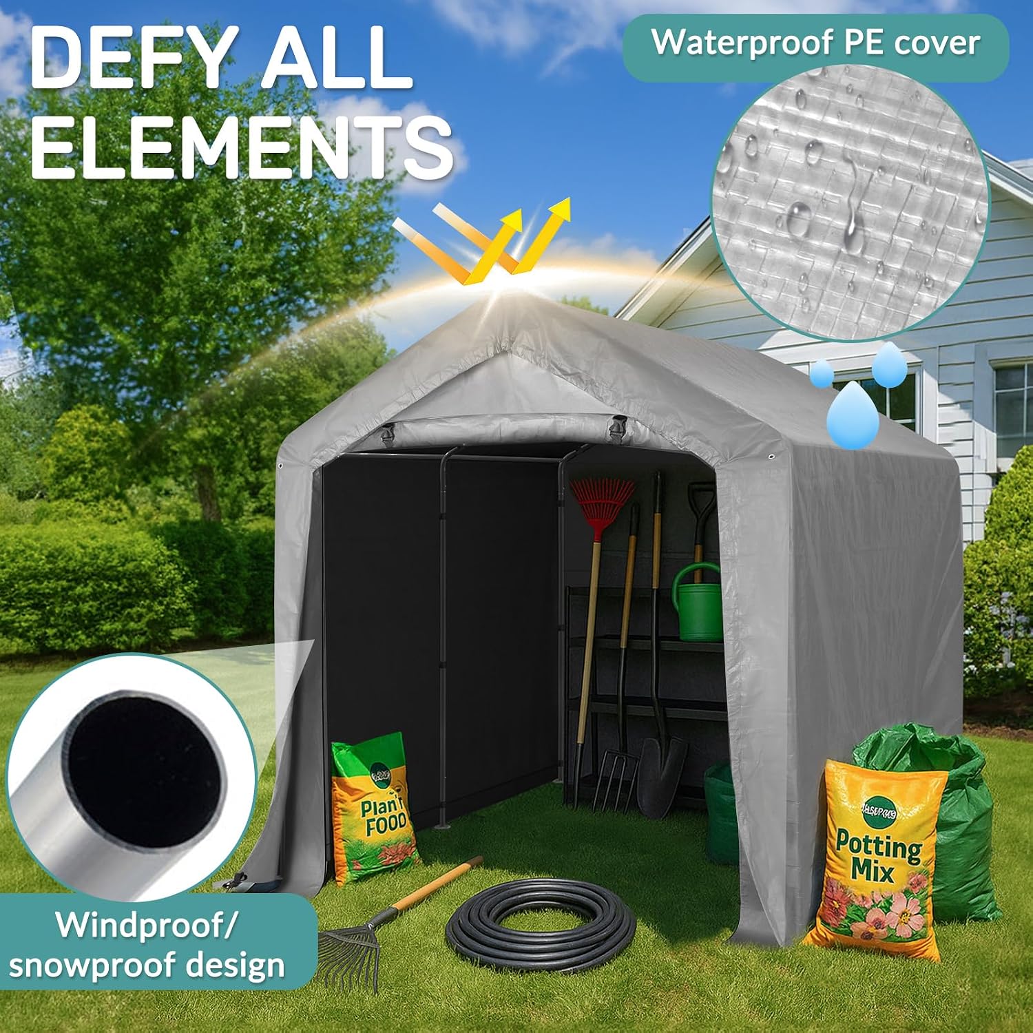 Outvita Outdoor Portable Storage Shed Tent, 8x8 ft Waterproof Carport with Roll-Up Zipper Door and Durable Galvanized Steel Frame, Ideal for Motorcycle, GTV, Bike, Wood Tool Lawn Mower Storage